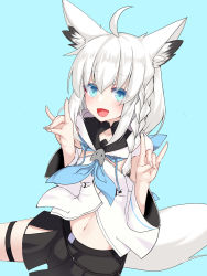 Rule 34 | 1girl, ahoge, animal ear fluff, animal ears, bad id, bad pixiv id, black skirt, blue eyes, blush, braid, breasts, commentary request, fox ears, fox girl, fox tail, hair between eyes, highres, hololive, long hair, looking at viewer, navel, okuri banto, open mouth, shirakami fubuki, shirakami fubuki (1st costume), simple background, skirt, small breasts, smile, solo, tail, virtual youtuber, white hair