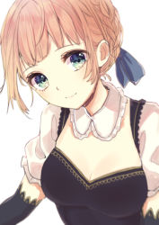 Rule 34 | 1girl, black gloves, blue ribbon, braid, breasts, brown hair, cleavage, closed mouth, collar, crown braid, detached collar, elbow gloves, frilled collar, frills, gloves, hair ribbon, kashiwagi chisame, light smile, looking at viewer, medium breasts, original, puffy short sleeves, puffy sleeves, ribbon, short sleeves, simple background, smile, solo, upper body, white background