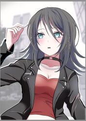 Rule 34 | 1girl, absurdres, bang dream!, bang dream! it&#039;s mygo!!!!!, black choker, black hair, black jacket, blush, border, breasts, chain, chain necklace, choker, cleavage, commentary request, crop top, cropped shirt, drop shadow, grey border, hair between eyes, highres, jacket, jewelry, long hair, long sleeves, medium breasts, necklace, open mouth, red shirt, sandman (gm4zfijcwbz3g4y), shirt, sidelocks, solo, teeth, upper teeth only, yahata umiri