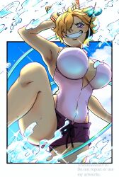 Rule 34 | 1girl, antennae, artist request, ass, bare shoulders, blonde hair, blue sky, blush, breasts, curvy, day, female focus, foreskin, gloves, grin, hair over one eye, highleg, highleg swimsuit, highres, hip focus, large breasts, looking at viewer, midriff, navel, one-piece swimsuit, one piece, purple eyes, short hair, sky, smile, solo, swimsuit, swimsuit under clothes, tight clothes, uniform, vegapunk lilith, water, water gun, white one-piece swimsuit, wide hips