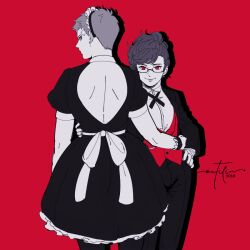 Rule 34 | 1boy, 1girl, alternate costume, apron, backless dress, backless outfit, bandaid, bandaid on face, butler, crossdressing, dated, dress, enmaided, formal, frilled apron, frills, glasses, hand on another&#039;s waist, limited palette, looking back, maid, maid apron, maid headdress, noctilin, persona, persona 3, persona 3 portable, ponytail, red background, red eyes, sanada akihiko, shiomi kotone, signature, simple background, smile, suit, waistcoat, white apron