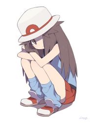 Rule 34 | 1girl, agata (agatha), bad id, bad twitter id, blush, brown eyes, brown hair, closed mouth, creatures (company), full body, game freak, hair over one eye, hat, leaf (pokemon), long hair, looking at viewer, nintendo, pokemon, pokemon frlg, shirt, shoes, signature, simple background, sitting, skirt, sleeveless, sleeveless shirt, socks, solo, white background