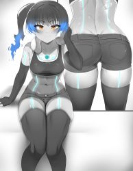 Rule 34 | 1girl, :&gt;, absurdres, ass, blue hair, breasts, butt crack, elbow gloves, fiery hair, fingerless gloves, gloves, glowing, glowing hair, glowing lines, highres, legs together, monochrome, navel, sally (luna-arts), sena (xenoblade), short shorts, shorts, side ponytail, smile, solo, sports bra, spot color, stomach, thigh gap, thighhighs, toned, wiping face, xenoblade chronicles (series), xenoblade chronicles 3