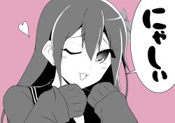 Rule 34 | 1girl, ;3, ;d, blush, commentary request, hair between eyes, hair ornament, heart, highres, kantai collection, kisaragi (kancolle), kuroyaki soba, long hair, long sleeves, looking at viewer, monochrome, one eye closed, open mouth, pink background, sailor collar, simple background, sleeves past wrists, smile, solo