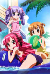 Rule 34 | 00s, 3girls, absurdres, amano saki, ass, ball, beach umbrella, bent over, bikini, brown eyes, brown hair, casual one-piece swimsuit, child, day, drink, drinking straw, frilled swimsuit, frills, hair bobbles, hair ornament, hairband, hand on own hip, headband, highres, hip focus, inflatable raft, kanamemo, kujiin mika, long hair, multiple girls, nakamachi kana, non-web source, nyantype, one-piece swimsuit, outdoors, palm tree, parasol, pink hair, pool, poolside, purple eyes, purple hair, red eyes, red hair, short hair, short twintails, sitting, swimsuit, tankini, tree, twintails, umbrella, very long hair, wading, water, wet
