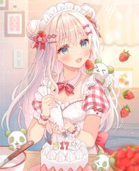 Rule 34 | 1girl, blue eyes, bow, bowtie, breasts, cake, cleavage, detached collar, dot nose, double bun, floral bow, flower, food, fruit, hair bun, hair ornament, holding, icing, knife, long hair, maid, maid headdress, medium breasts, open mouth, original, pastry bag, puffy short sleeves, puffy sleeves, red bow, red bowtie, serino itsuki, short sleeves, solo, strawberry, upper body, white flower, white hair