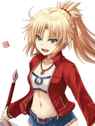 Rule 34 | 1girl, bandeau, braid, breasts, clarent (fate), collarbone, cutoffs, denim, denim shorts, fate/apocrypha, fate (series), french braid, hair ornament, hair scrunchie, haura akitoshi, long hair, long sleeves, looking at viewer, micro shorts, mordred (fate), mordred (fate/apocrypha), mordred (memories at trifas) (fate), navel, open mouth, ponytail, red scrunchie, scrunchie, short shorts, shorts, small breasts, smile, solo