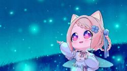 Rule 34 | 1girl, :3, :d, a xuan233, absurdres, amai hiyo, animal ears, blonde hair, blush, bow, braid, cat ears, cat girl, cat tail, child, commentary, eyebrows, fangs, fireflies, flower, forehead, french braid, glowing, grass, hair flower, hair ornament, hand up, highres, indie virtual youtuber, long sleeves, looking up, night, open mouth, outdoors, puffy long sleeves, puffy sleeves, red eyes, short hair, sidelocks, smile, solo, symbol-shaped pupils, tail, upper body, virtual youtuber, wings