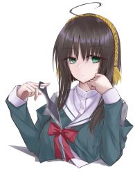 Rule 34 | 1girl, ahoge, black hair, bow, clenched hand, closed mouth, commentary request, cropped torso, expressionless, eyes visible through hair, green eyes, hair between eyes, hair ornament, hands up, highres, hitachi mako, holding, holding weapon, kunai, long sleeves, looking at viewer, mkn yu, red bow, sailor collar, school uniform, senren banka, short hair with long locks, simple background, solo, straight hair, tassel, tassel hair ornament, tsurime, weapon, white background, white sailor collar, yellow tassel