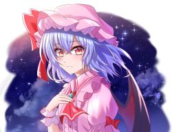 Rule 34 | 1girl, ascot, bat wings, blue hair, bow, brooch, center frills, cloud, commentary request, crying, crying with eyes open, dress, eyelashes, fingernails, frills, hair between eyes, hand on own chest, hat, hat bow, jewelry, looking at viewer, mob cap, nail polish, night, night sky, outdoors, parted lips, partial commentary, pink dress, pink hat, puffy short sleeves, puffy sleeves, red ascot, red bow, red eyes, red nails, remilia scarlet, sharp fingernails, short hair, short sleeves, sky, solo, souyoru, sparkle, tears, touhou, upper body, wing collar, wings, wrist cuffs