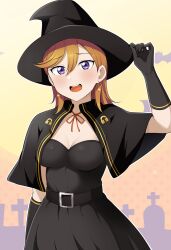 Rule 34 | 1girl, adjusting clothes, adjusting headwear, barkhorn0331, belt, black belt, black capelet, black dress, black gloves, black hat, breasts, capelet, cleavage, commentary, dress, earrings, gloves, halloween, hat, highres, jewelry, long hair, looking at viewer, love live!, love live! superstar!!, medium breasts, orange background, orange hair, outline, purple eyes, shibuya kanon, solo, teeth, tsurime, upper body, upper teeth only, white outline, witch, witch hat
