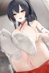 Rule 34 | 1girl, aos, bare shoulders, black hair, blush, breasts, brown eyes, censored, detached sleeves, dutch angle, feet, feet up, foot focus, foreshortening, highres, hugging own legs, indoors, japanese clothes, knees up, large breasts, legs, long hair, looking at viewer, miko, mole, mole under eye, mosaic censoring, no panties, no shoes, on ground, open mouth, original, ponytail, pussy, red skirt, shiny skin, sideboob, sidelocks, sitting, skirt, sleeveless, smile, socks, soles, solo, sweat, tabi, teeth, thighs, toes, white socks