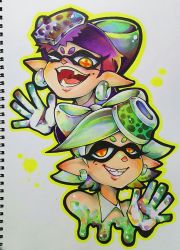 Rule 34 | + +, + -, 2girls, bad id, bad pixiv id, bare shoulders, black hair, bow, callie (splatoon), commentary request, detached collar, earrings, fangs, food, food on head, gloves, green hair, grin, hair bow, hat, highres, inkling, jewelry, looking at viewer, marie (splatoon), mole, mole under eye, multiple girls, nintendo, object on head, one eye closed, open mouth, pointy ears, short hair, simple background, smile, splatoon (series), splatoon 1, symbol-shaped pupils, tentacle hair, tentacles, traditional media, white background, white gloves, yasunaga (yasu naga man), yellow eyes