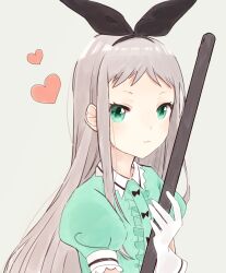 Rule 34 | 1boy, :3, aqua shirt, black bow, black hairband, blend s, bow, bow hairband, broom, closed mouth, frilled shirt, frills, gloves, grey hair, hairband, heart, holding, holding broom, kanzaki hideri, looking at viewer, maid, male focus, puffy short sleeves, puffy sleeves, shirt, short sleeves, sidelocks, simple background, smile, solo, trap, tsukino (kjdhfap), white gloves