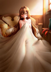 Rule 34 | 1boy, 1girl, aether (genshin impact), aftersex, ahoge, amber (genshin impact), bed, bed sheet, bedroom, blonde hair, blush, breasts, brown hair, chinese commentary, completely nude, covering privates, covering breasts, flower pot, genshin impact, hetero, highres, indoors, long hair, looking at viewer, lying, nude, on bed, pillow, red ribbon, ribbon, royboy, sleeping, smile, sunlight, window, yellow eyes