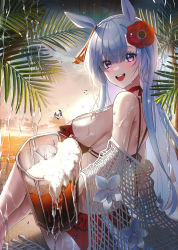 Rule 34 | 1girl, :d, absurdres, animal ears, backlighting, bare arms, bare legs, bare shoulders, barefoot, beach, beer mug, bikini, breasts, commentary, cup, ear ornament, feet out of frame, flower, frills, full body, hair between eyes, hair flower, hair ornament, highres, horse ears, horse girl, horse tail, large breasts, legs together, libo (724ml), long hair, looking at viewer, mejiro ardan (umamusume), mug, open mouth, outdoors, outstretched arm, palm tree, parted bangs, pink eyes, red bikini, shadow, sideboob, sitting, smile, solo, sunset, swimsuit, symbol-only commentary, tail, teeth, tree, umamusume, upper teeth only, wet, white flower, white hair