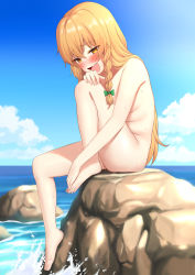 Rule 34 | 1girl, :d, absurdres, ass, barefoot, blonde hair, blue sky, blush, bow, braid, commentary request, completely nude, day, exhibitionism, fang, from side, full body, green bow, hair between eyes, hair bow, hand on own knee, heart, heart-shaped pupils, highres, kirisame marisa, knee to chest, knee up, leaning forward, legs, long hair, looking at viewer, naughty face, nude, ocean, open mouth, outdoors, public indecency, rock, single braid, sitting, sitting on rock, sky, smile, solo, suggestive fluid, symbol-shaped pupils, thighs, touhou, very long hair, wet, yamajun (junyamaekaki), yellow eyes