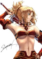 Rule 34 | 1girl, absurdres, armpits, bare shoulders, blonde hair, bra, breasts, choker, cleavage, detached sleeves, fate/apocrypha, fate (series), floating hair, green eyes, hair ornament, hair scrunchie, hand on own hip, highres, long hair, long sleeves, medium breasts, mordred (fate), mordred (fate/apocrypha), navel, red bra, red scrunchie, red sleeves, scrunchie, sideboob, signature, simple background, smile, solo, standing, strapless, strapless bra, underboob, underwear, upper body, w-moz9-w, white background