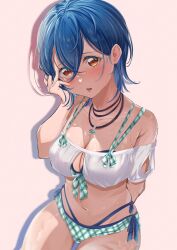 Rule 34 | 1girl, bikini, blue hair, blush, breasts, cleavage, collarbone, commentary request, frontrivers kae, furrowed brow, hair between eyes, hand on own cheek, hand on own face, highres, jewelry, looking at viewer, love live!, love live! superstar!!, medium breasts, midriff, navel, necklace, open mouth, orange eyes, parted lips, plaid, plaid bikini, short hair, solo, swimsuit, upper body, wakana shiki