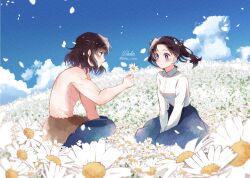 Rule 34 | 1boy, 1girl, artist name, black hair, blue eyes, blue pants, blue skirt, blue sky, blush, breasts, brown fur, butterfly hair ornament, collared shirt, falling petals, field, flower, flower field, full body, hair ornament, hands on lap, hashibira inosuke, highres, holding, holding flower, indian style, kanzaki aoi (kimetsu no yaiba), kimetsu no yaiba, kneeling, long sleeves, looking at another, medium breasts, medium hair, outdoors, pants, parted bangs, parted lips, petals, shirt, sitting, skirt, sky, toned, toned male, topless male, twintails, twitter username, violet viora, white flower, white shirt