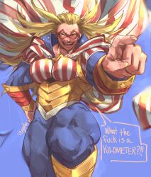 Rule 34 | &#039;murica, 1girl, addy (@vegeebs), american flag, american flag print, blonde hair, blue background, bodysuit, boku no hero academia, breasts, cape, commentary, english text, fingernails, flag print, hand on own hip, highres, large breasts, long hair, muscular, muscular female, open mouth, orange eyes, pointing, profanity, smile, solo, speech bubble, star and stripe (boku no hero academia), striped bodysuit, striped cape, symbol-only commentary, thick thighs, thighs
