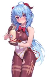 Rule 34 | 1girl, absurdres, ahoge, bare shoulders, bell, black legwear, blue hair, blush, bottle, bow, bowtie, breasts, covered navel, cowbell, ganyu (genshin impact), genshin impact, gloves, half-closed eyes, highres, legs together, long hair, long sleeves, looking at viewer, milk, milk bottle, neck bell, purple eyes, red bow, simple background, small breasts, solo, thighs, torn clothes, torn legwear, warabi (rhtkfl03), white background