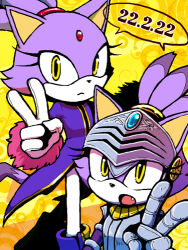 Rule 34 | 2girls, animal ears, armor, blaze the cat, cat day, cat ears, cat girl, cat tail, eyelashes, fang, forehead jewel, fur-trimmed gloves, fur trim, gloves, gold necklace, jacket, jewelry, looking at viewer, lowres, multiple girls, necklace, open mouth, pants, percival (sonic), ponytail, posaune76, purple fur, purple jacket, sonic (series), tail, v, white gloves, white pants, yellow eyes