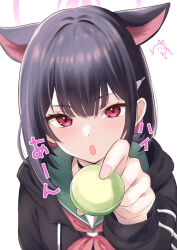 Rule 34 | 1girl, absurdres, animal ears, black choker, black hair, black hoodie, blue archive, blush, bob cut, cat ears, center-flap bangs, choker, close-up, commentary, extra ears, eyelashes, food, foreshortening, green sailor collar, hair between eyes, halo, highres, holding, holding food, hood, hood down, hoodie, incoming food, kazusa (blue archive), long sleeves, looking at viewer, macaron, medium hair, neckerchief, open mouth, pink halo, pink neckerchief, pov, red eyes, sailor collar, signature, simple background, snow-yuuki, solo, straight-on, tsurime, valentine, white background