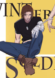 Rule 34 | 1boy, 79357 (lyhlyhlyh), animification, blue eyes, brown hair, captain america: the winter soldier, captain america (series), casual, cuffs, cyborg, denim, dog tags, handcuffs, highres, james buchanan barnes, jeans, marvel, marvel cinematic universe, mechanical arms, pants, shirt, single mechanical arm, solo focus, t-shirt