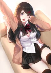 Rule 34 | 1girl, arms up, beige background, beige cardigan, black hair, black socks, black skirt, blush, bow, bowtie, bra, bra peek, breasts, caidychen, cardigan, cleavage, commentary, couch, cushion, dress shirt, feet out of frame, from above, hair ornament, hairclip, highres, kneehighs, long hair, looking at viewer, lying, miniskirt, one eye closed, open mouth, original, outstretched arm, partially unbuttoned, pink bra, plaid, plaid bow, plaid bowtie, plaid neckwear, pleated skirt, purple eyes, red bow, shirt, skirt, sleeves past wrists, socks, solo, teeth, thighs, unbuttoned, unbuttoned shirt, underwear, wavy hair, white shirt, wing collar, yawning