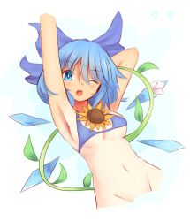 Rule 34 | 1girl, :d, alternate breast size, armpits, bare arms, bikini, bikini top only, blue bikini, blue bow, blue eyes, blue hair, blush, bottomless, bow, breasts, cirno, cropped torso, dated, flower, hair between eyes, hair bow, highres, looking at viewer, medium breasts, navel, one eye closed, open mouth, plant, satou rin (gobugabuge), short hair, simple background, smile, solo, stomach, string bikini, sunflower, swimsuit, tan, tanned cirno, touhou, underboob, white background, wings