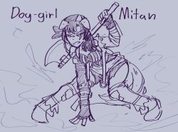 Rule 34 | 1girl, angry, animal ears, axe, bandana, breasts, cleavage, dog ears, dog girl, dog tail, dynamic pose, english text, female focus, fingerless gloves, fire emblem, fire emblem engage, gloves, intelligent systems, jebbeesketches, mitan (fire emblem), monster girl, muscular, nintendo, sketch, tagme, tail, thick thighs, thighs, tomboy