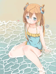 Rule 34 | 10s, 1girl, abukuma (kancolle), bad id, bad pixiv id, beach, blonde hair, blue eyes, body blush, breasts, day, flat chest, frilled swimsuit, frills, hair rings, kantai collection, long hair, looking at viewer, murakami meishi, one-piece swimsuit, outdoors, partially submerged, sand, sitting, small breasts, solo, starfish, swimsuit, twintails, water