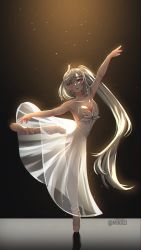 Rule 34 | 1girl, ballerina, ballet, ballet slippers, bare shoulders, braid, braided bangs, dress, hair ornament, hololive, hololive indonesia, long hair, minxei, pantyhose, pavolia reine, solo, standing, standing on one leg, virtual youtuber, white pantyhose