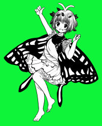 Rule 34 | 1girl, antennae, bad anatomy, bad leg, barefoot, blush, butterfly wings, dress, eternity larva, fairy, gotou eight, green background, hair between eyes, highres, insect wings, leaf, leaf on head, monochrome, multicolored clothes, multicolored dress, open mouth, short hair, short sleeves, simple background, single strap, smile, solo, teeth, touhou, upper teeth only, wings