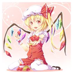 Rule 34 | 1girl, blonde hair, fang, female focus, flandre scarlet, food, fruit, full body, hat, highres, holding, holding food, holding fruit, kazuma (kazumav), mary janes, one side up, ponytail, red eyes, shoes, short hair, side ponytail, solo, strawberry, thighhighs, touhou, wings, wrist cuffs