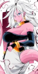 Rule 34 | 1girl, android, android 21, arc system works, ass, bandeau, bare shoulders, blue eyes, blue nail polish, blue nails, bracelet, breasts, closed mouth, colored skin, detached sleeves, dragon ball, dragon ball fighterz, ear piercing, earrings, elbow gloves, female focus, gloves, gold bracelet, gold earrings, hair between eyes, harem pants, highres, hoop earrings, huge breasts, jewelry, kinakomochi (user vedc2333), long hair, looking at viewer, majin android 21, midriff, nail polish, pants, piercing, pink skin, pink tail, sideboob, signature, solo, standing, tail, very long hair, white hair, white pants