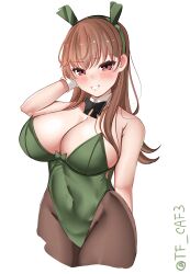 Rule 34 | 1girl, adapted costume, animal ears, blush, bow, bowtie, breasts, brown eyes, brown hair, brown pantyhose, cleavage, covered navel, detached collar, fake animal ears, green leotard, highres, kantai collection, large breasts, leotard, long hair, ooi (kancolle), pantyhose, playboy bunny, rabbit ears, simple background, solo, strapless, strapless leotard, tf cafe, traditional bowtie, twitter username, white background, wrist cuffs