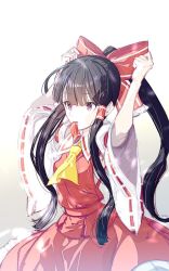 Rule 34 | 1girl, arms up, ascot, black hair, bow, commentary, cowboy shot, detached sleeves, gradient background, grey background, hair bow, hair tubes, hakurei reimu, highres, long hair, long sleeves, mouth hold, petticoat, ponytail, purple eyes, red bow, red skirt, ribbon-trimmed sleeves, ribbon trim, sidelocks, skirt, skirt set, solo, touhou, very long hair, white background, wide sleeves, yellow ascot, zounose