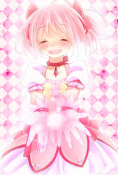 Rule 34 | 10s, argyle, argyle background, argyle clothes, bad id, bad pixiv id, blush, bow, choker, closed eyes, gloves, hair bow, kaname madoka, kuara, magical girl, mahou shoujo madoka magica, mahou shoujo madoka magica (anime), pink eyes, pink hair, short twintails, solo, twintails, white gloves