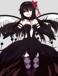 Rule 34 | 10s, :d, akemi homura, akuma homura, argyle, argyle clothes, argyle legwear, bad id, bad pixiv id, bare shoulders, black dress, black gloves, black hair, bow, choker, dress, elbow gloves, feathered wings, gloves, grey background, hair bow, highres, long hair, looking at viewer, mahou shoujo madoka magica, mahou shoujo madoka magica: hangyaku no monogatari, open mouth, outstretched arms, purple eyes, sensiye, simple background, smile, solo, spoilers, spread arms, thighhighs, wings, zettai ryouiki