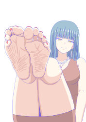 Rule 34 | 1girl, absurdres, barefoot, bead necklace, beads, blue hair, blunt bangs, breasts, cleavage, dark blue hair, dress, feet, foot focus, highres, jewelry, legs up, long hair, looking at viewer, mature female, medium breasts, necklace, nush advance, original, simple background, smile, soles, solo, tight clothes, tight dress, toes, white background, yellow eyes