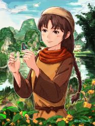 Rule 34 | 1girl, braid, brown eyes, brown hair, bug, butterfly, chinese clothes, closed mouth, cloud, hat, insect, leaf, ling shen hua, long hair, mountain, raikou (ff), sega, shenmue, shenmue i, solo, water, yorimitsu
