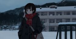 Rule 34 | 1girl, black coat, black gloves, black hair, blue eyes, blue sky, car, coat, expressionless, gloves, highres, motor vehicle, mountain, original, orval, red scarf, scarf, short hair, sky, snow, solo, winter, winter clothes, winter coat