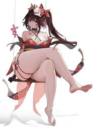 Rule 34 | 1girl, absurdres, bare shoulders, barefoot, bell, black choker, breasts, choker, cleavage, commentary request, detached sleeves, dress, flower tattoo, fox mask, full body, highres, honkai: star rail, honkai (series), i am not a cat, large breasts, long hair, looking at viewer, mask, mask on head, mole, mole under each eye, mole under eye, multiple moles, neck bell, partial commentary, red dress, simple background, sitting, sleeveless, sleeveless dress, smile, soles, solo, sparkle (honkai: star rail), swing set, tattoo, thick thighs, thighs, toes, white background