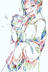 Rule 34 | 1girl, blue eyes, camisole, carton, colorful, cowboy shot, dated, drinking straw, hatching (texture), holding carton, off shoulder, open clothes, open shirt, original, parted lips, school uniform, serafuku, short hair, signature, smile, solo, traditional media, watanabe tomari