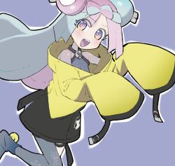 Rule 34 | 1girl, blue hair, bow-shaped hair, creatures (company), game freak, grey pantyhose, grey shirt, iono (pokemon), jacket, long hair, looking at viewer, low-tied long hair, multicolored hair, nakamura hayate, nintendo, open mouth, oversized clothes, pantyhose, pink eyes, pink hair, pokemon, pokemon sv, sharp teeth, shirt, single leg pantyhose, sleeveless, sleeveless shirt, sleeves past fingers, sleeves past wrists, smile, solo, teeth, twintails, two-tone hair, very long hair, yellow jacket