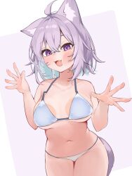 1girl against_glass ahoge animal_ears bikini blue_hair breast_press breasts cat_ears cat_girl cat_tail colored_inner_hair fangs highres hololive large_breasts looking_at_viewer multicolored_hair navel nekomata_okayu open_mouth purple_eyes purple_hair reine_(reineko6) smile solo swimsuit tail virtual_youtuber white_bikini