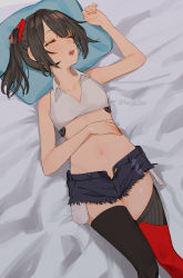 Rule 34 | 1girl, ^ ^, arm up, armpit peek, asymmetrical legwear, bare arms, bare shoulders, bed sheet, beijuu, beni-chan (beijuu), black hair, black thighhighs, blunt bangs, blush, closed eyes, collarbone, crop top, cutoff jeans, cutoffs, dark, denim, denim shorts, dutch angle, exposed pocket, facing viewer, fang, feet out of frame, hand on own stomach, highleg, highleg panties, highres, indoors, lying, midriff, mismatched legwear, navel, on back, open fly, open mouth, original, panties, panty straps, parted bangs, pillow, ponytail, red thighhighs, revealing clothes, round teeth, short hair, short ponytail, short shorts, shorts, side ponytail, sidelocks, sleeping, sleeveless, solo, stomach, teeth, thighhighs, tongue, triangle hair ornament, twitter username, two-tone legwear, unbuttoned, underwear, upper teeth only, white panties, wing collar