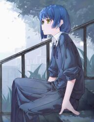 Rule 34 | 1girl, absurdres, blue hair, bocchi the rock!, closed eyes, collared shirt, fog, highres, looking ahead, mole, mole under eye, muina, neck ribbon, outdoors, pants, ribbon, shirt, short hair, sitting, sitting on stairs, solo, stairs, sweater vest, tree, white shirt, yamada ryo
